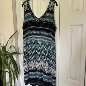 Karen Kane Sleeveless V-Neck Seaglass Patterned Dress in Blue/Green, Women’s 1X